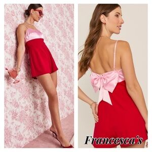 New Francesca's Shanna Bow Back Red And Pink Colorblock Romper